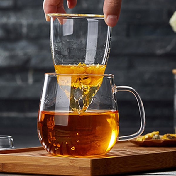 Glas tekopp med sil och lock Stor kapacitet förtjockad tekopp för fyllning med varma och kalla drycker 550ml