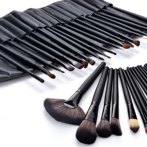 24-pack Sminkborstar / Sminkborstar i Läderfodral Black Svart
