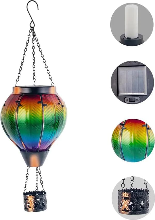 Solcellelamper formet som en varmluftsballon, udendørs krone i jern og glas, havebelysning, IP55, LED solcellekrone, LED solcellelamper