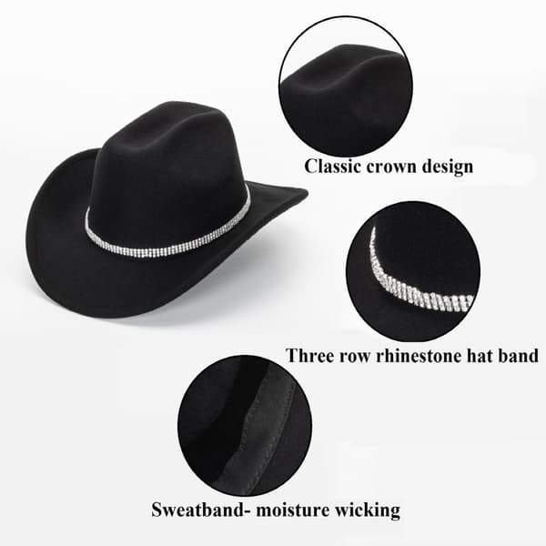 Glitrende Sølv - Sort Cowboyhat til Kvinder - Western Glitrende Rhinestone Cowgirlhat (Størrelse M) Black