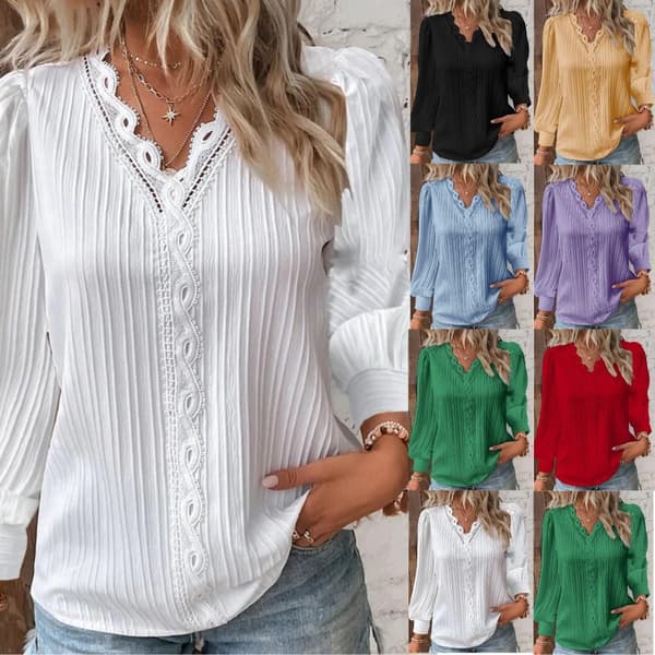 Dam långärmad blus, V-ringad spets skarvad vardagströja för hösten black L