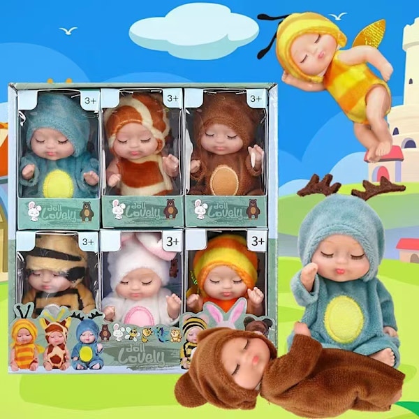 st Mini Baby Dockor, 10 cm Nyfödda Dockor Presentförpackning, Söta Återfödda Baby Dockor Leksaker för Barn 3+, med Djurkläder 6PCS