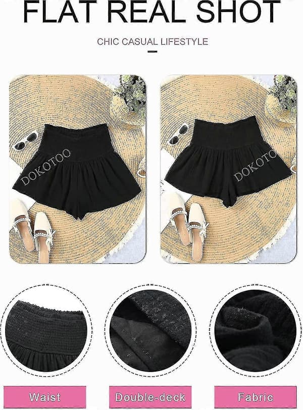 Kvinders shorts bomuld høj elastisk talje plisseret flæse søde shorts strand flydende afslappede shorts S-XL sort Black Medium