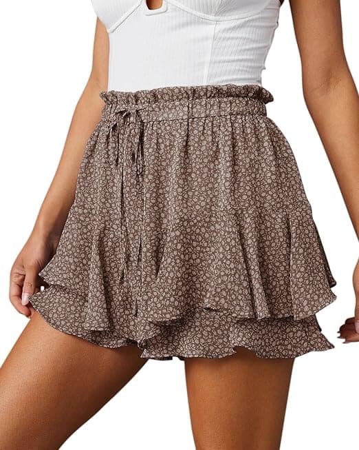 Flagrende shorts til kvinder afslappede boho blomstrede nederdele flæse mini nederdele sommerfugle shorts brun S