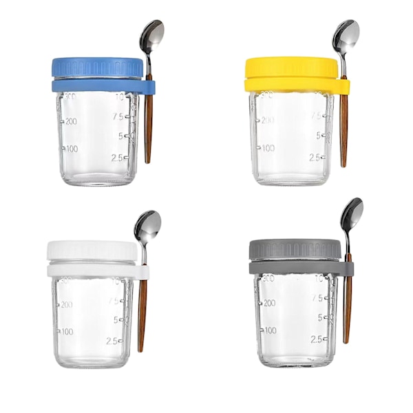 Bästsäljare - Havregrynsmoothieburk Glasbehållare för flingor Go Salladsbehållare Lock Overnight Oats Burkar med Lock och Skedar 4pcs 350ml