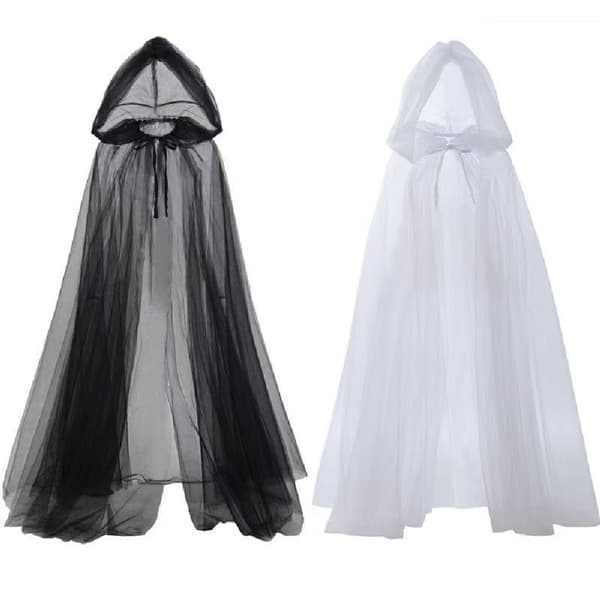 Halloween cosplay spøgelse cosplay hættekappe død heks mesh lang kappe gallafest performance kostume 1.5M (Hvid) D