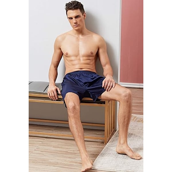 Mäns Satin Boxer Shorts Silke Pyjama Byxor Lounge Sovshorts Blå Blue 3XL