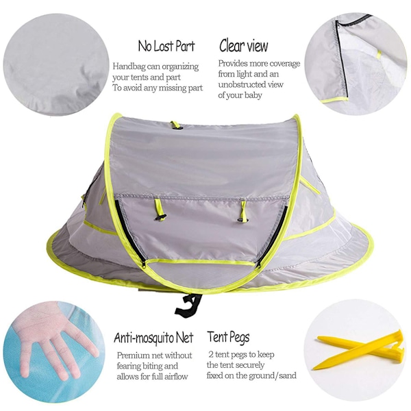 Baby Strandtält, Baby Strand Pop Up Tält, UPF 50+ Solskydd Baby Tält, Baby Tält med Myggnät, Solskydd för Flickor Pojkar, Strandparasoll för