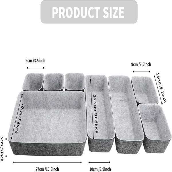 8-pak filt skuffeindsats opbevaringsboks organizer til makeupskuffe, kommode og kontor Light Grey