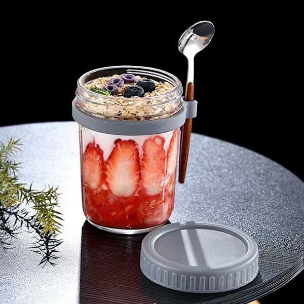 Bästsäljare - Havregrynsmoothieburk Glasbehållare för flingor Go Salladsbehållare Lock Overnight Oats Burkar med Lock och Skedar white 600ml