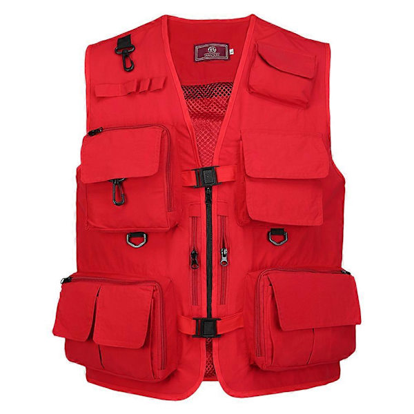Fiske Fotografi Väst Sommar Multi-Fickor Mesh Jackor Snabbtorkande Väst Röd Red XL