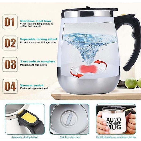 400ML Elektrisk Själv-Omrörande Kaffemugg (Vit), Automatisk Magnetisk Mugg i Rostfritt Stål, Själv-Blandande Kopp för Kaffe Te Varm Choklad Mjölk Kakao Protein