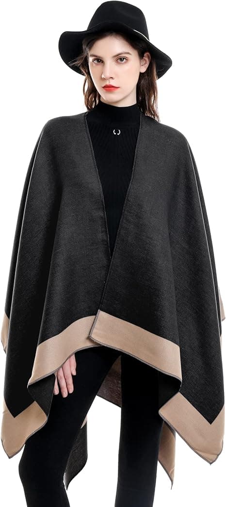 Elegant sjalcape til kvinder, åben front, blød poncho, velegnet til forår, efterår og vinter. Guld+sort gold＋black