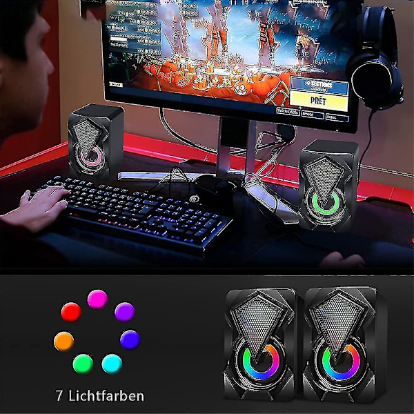USB-datorhögtalare 10W 2.0 stereohögtalarsystem med färgstark LED-belysning för PC-dator, stationär dator, laptop, smartphone