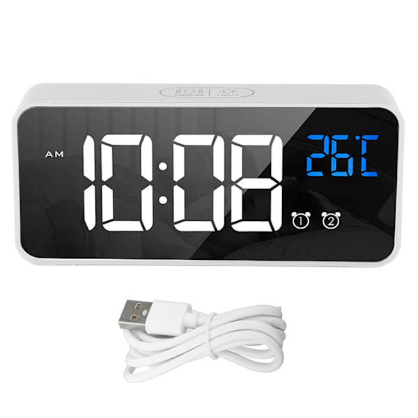 Spegell LED Väckarklocka Två Uppsättningar Alarm Uppladdningsbar Röstaktiverad Digital Klocka för Sovrum Sängbord Skrivbord Silver