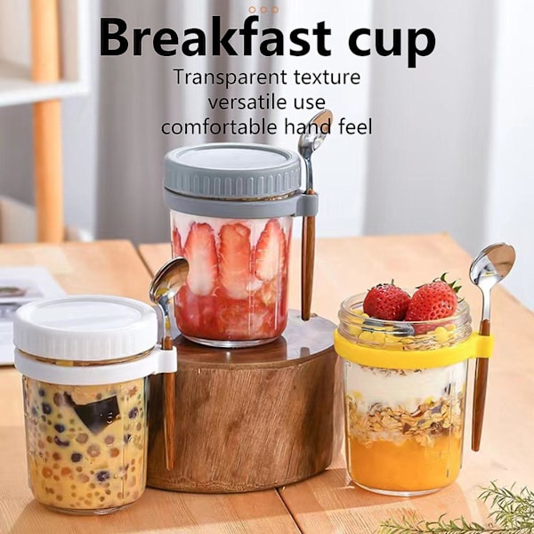 Bästsäljare - Havregrynsmoothieburk Glasbehållare för flingor Go Salladsbehållare Lock Overnight Oats Burkar med Lock och Skedar 2pcs  white and grey 350ml