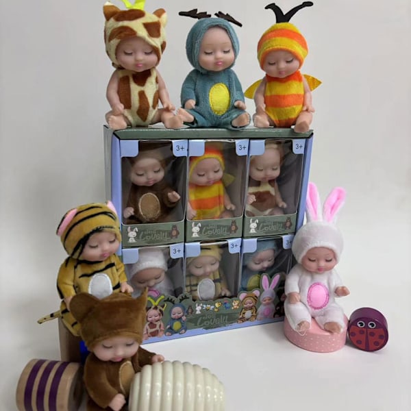 st Mini Baby Dockor, 10 cm Nyfödda Dockor Presentförpackning, Söta Återfödda Baby Dockor Leksaker för Barn 3+, med Djurkläder 6PCS