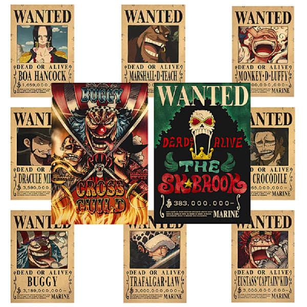 10 affischer One Piece Wanted Poster Luffy Pappersdekor 10 st/set