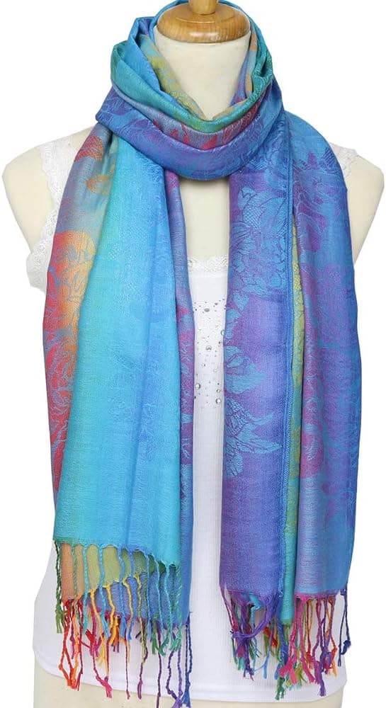 Fargerike blomster Jacquard bomull Pashmina Dame Sjal Skjerf med frynser, blå