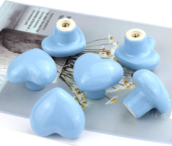 Sæt med 8 keramiske knopper til køkkenlåger til børneværelser Blåt hjerte Blue