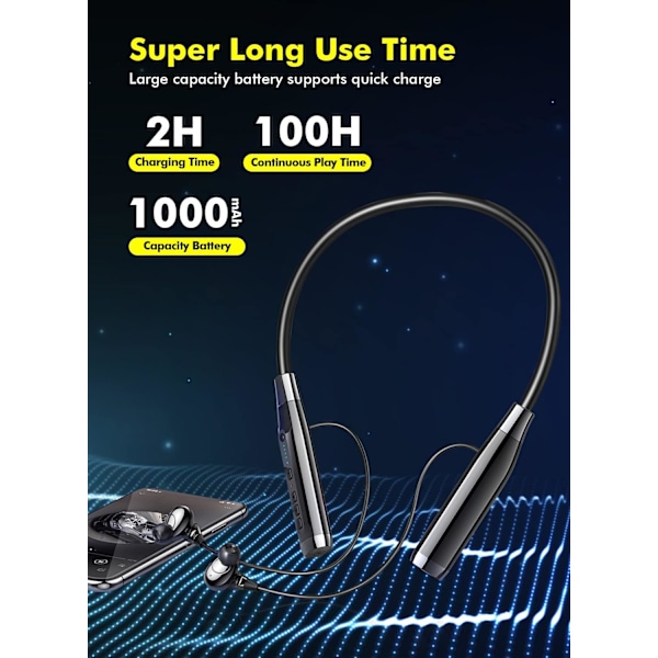 Bluetooth-halsbandshörlurar, HD-stereoljud med 100 timmars speltid