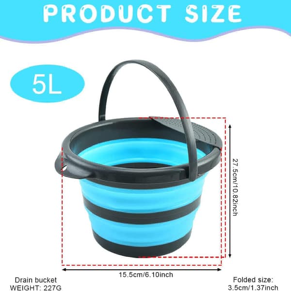 5-liters sammenleggbar bøtte, sammenleggbar plastbøtte, sammenleggbar rund beholder, sammenleggbar rund bøtte Blue
