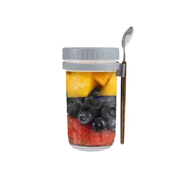 Bästsäljare - Havregrynsmoothieburk Glasbehållare för flingor Go Salladsbehållare Lock Overnight Oats Burkar med Lock och Skedar grey 600ml