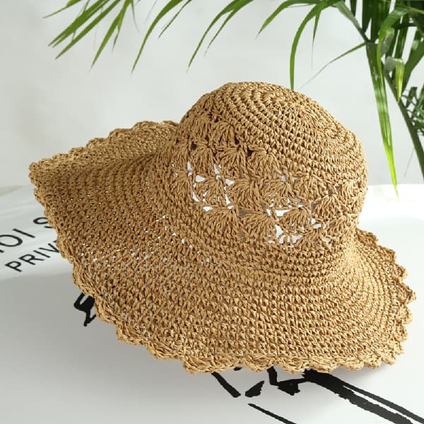 Dame stråhatt bred floppy brem solhatt UV-beskyttelse sommer sammenleggbar strandhette for fritidsreiser beige