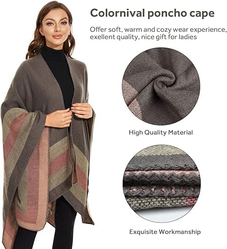 Elegant sjalcape til kvinder, åben front, blød poncho, velegnet til forår, efterår og vinter. Pink＋Grå pink＋grey