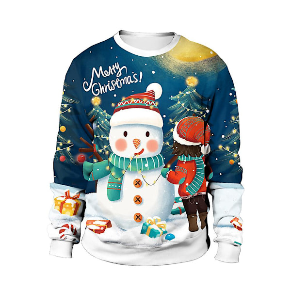 Jultröja Vinter Höst Rundhalsad Tröja Sweatshirt Med Renar Jultomte Tryckt Med Snögubbe Snowman XL