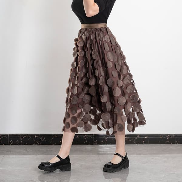 Customs Skjørt Kvinner 3D Polka Dot Mesh Flowy A-Line Midi Skjørt brown