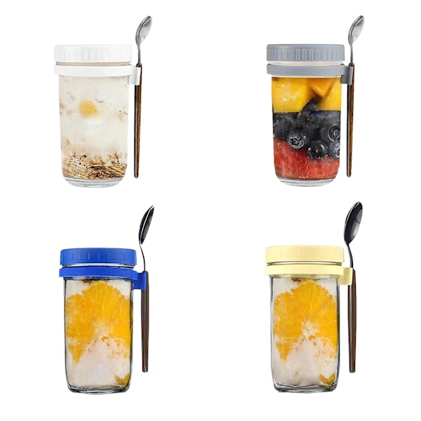 Bästsäljare - Havregrynsmoothieburk Glasbehållare för flingor Go Salladsbehållare Lock Overnight Oats Burkar med Lock och Skedar 4pcs 600ml