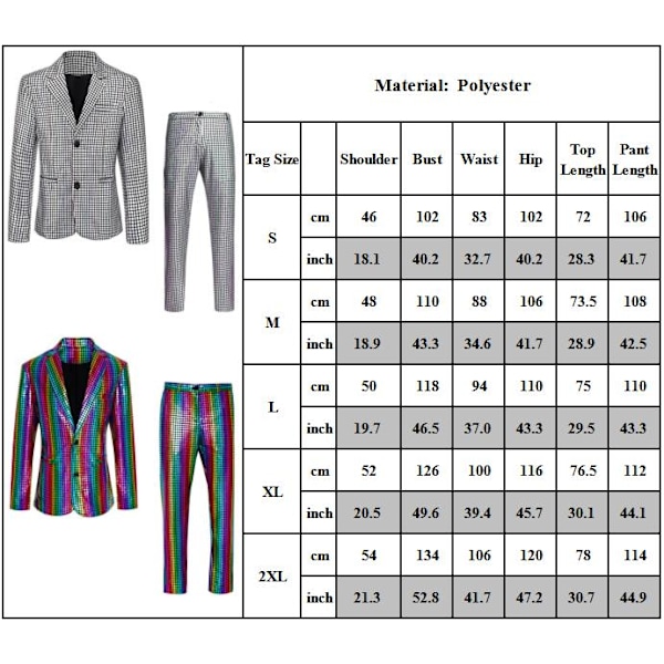 Herrar Glittrande Kostymer Disco Sekvens Blazer och Byxor 2-Delade Set för Fest Bal Slank Passform Enkelknäppt Smoking Blazer Set Silver 2XL