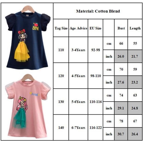 Sommar Mesh Puff Sleeve T-shirt Klänning Princess Printed Kids Girl Vit 5-6 år = EU 110-116