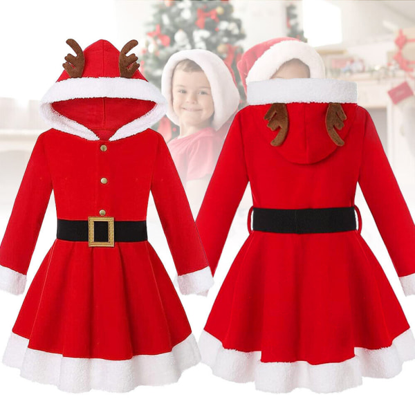 Flickor Santa Claus Cosplay Klänning Jul Hooded Swing Dress 150CM