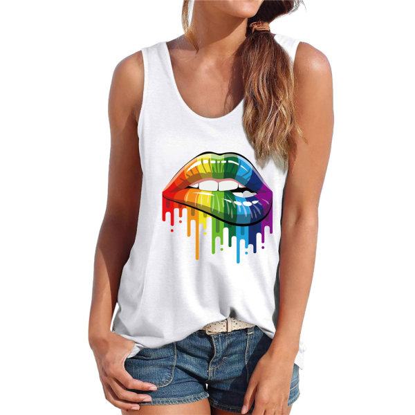 Dam Rainbow Lip Spoon Neck Väst Ärmlösa T-shirts Tee Lösa linne White S