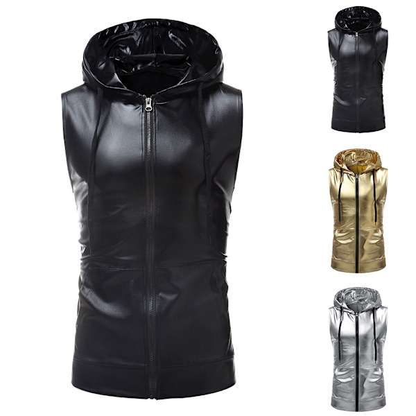 Herrar Glittrande Sekvens Zip Up Ärmlös Huvad Väst T-shirt Slim Fit Tee Shirt 70-tal Disco Toppar för Nattklubb Party Gold M