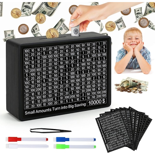 Trälåda för sparande med 8 sparmål, en bit kassa-valv i trä, sparbössa för mynt, sparbössa med räknare, present till vuxna, barn, pojkar och flickor USD - Black
