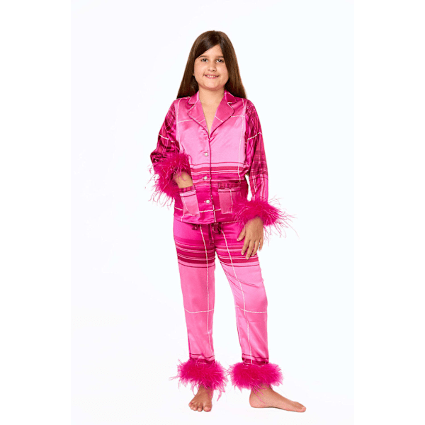 Barn Toddler Flickor Jul Silke Satin Pyjamas Set Fjäder Trim Knapp Ner Skjortor Byxor Set Små Flickor Nattkläder Pjs Loungewear Outfit Rose Red 10T