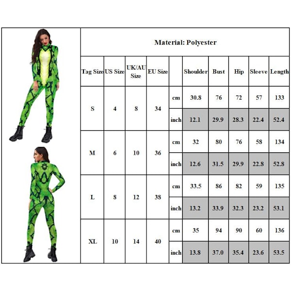 Grön Orm Jumpsuit Halloween Jumpsuit Djurhudstryck Fest Åtsittande Jumpsuit Kostym Set S-XL L