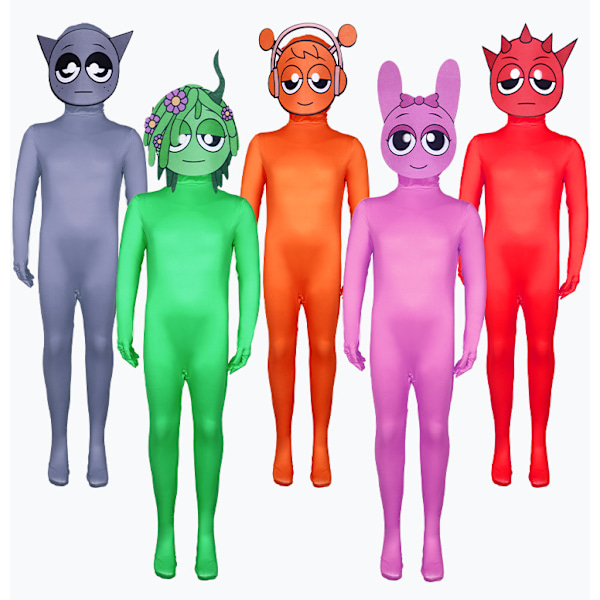 Sprunki Incredibox Cosplay Dräkt för Vuxna & Barn - Spelkostym Jumpsuit Mask Deluxe Halloween Kostym Cartoon Bodysuit Jumpsuit Green 130cm