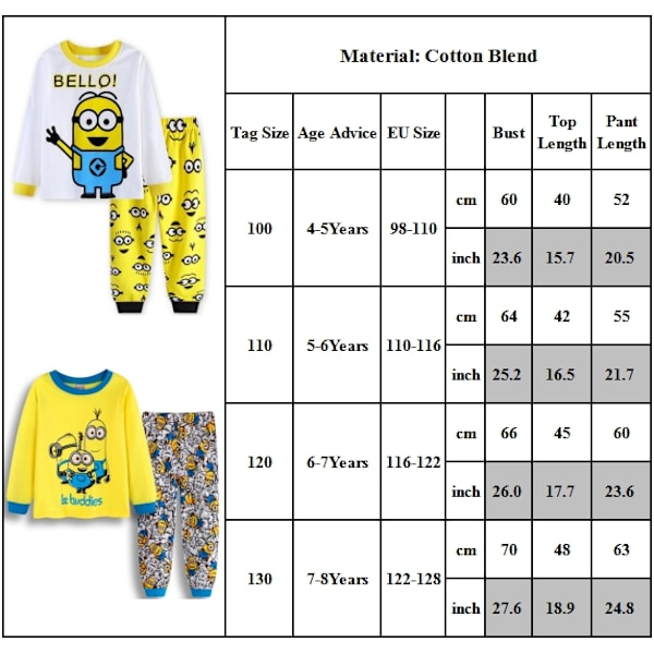 Söt Minion Pyjamas Pyjamas Set Pjs Barn Pojke Flicka Loungewear Nattkläder Sovkläder A 100cm