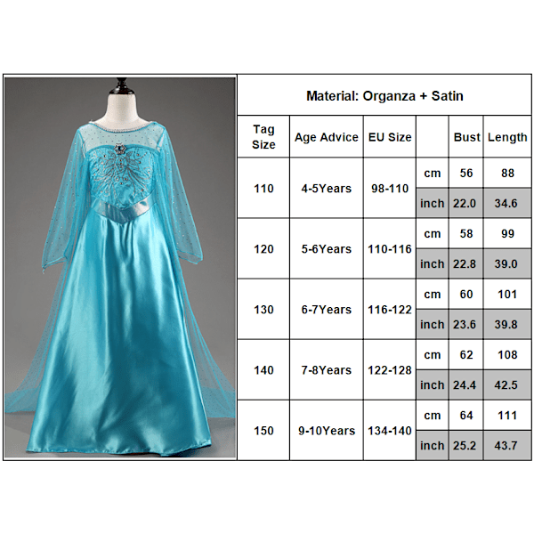 Frozen Elsa Princess Sequin Cape Klänning för Födelsedagsfest bule 110cm