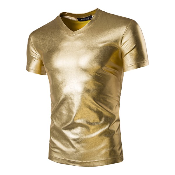 Herrar Blanka Henley T-shirts Kortärmad Slim Fit Tee Shirt 70-tal Disco Toppar för Nattklubbspartay Gold 4XL