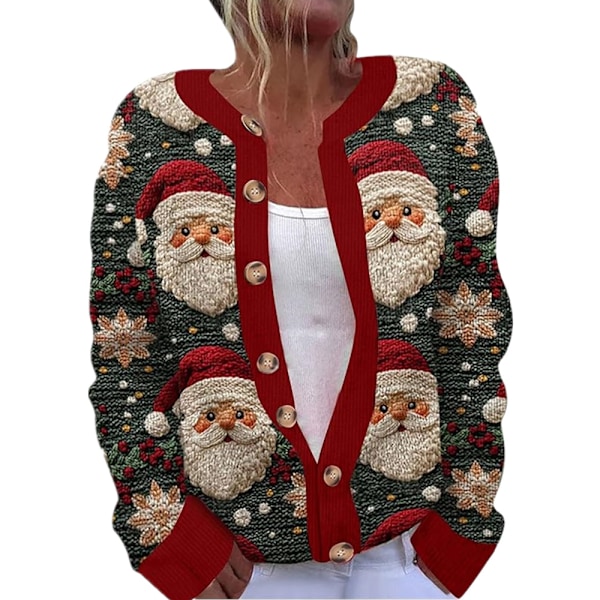 Julkläder för kvinnor Söt julgranstryck Öppen fram Sweater Knappar Långärmad Cardigan Höst Vinter Stickad Ytterkläder Kappa 2024 A 3XL