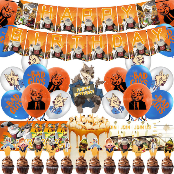 Födelsedagsdekoration Ballonger Tårtlock Grattis på födelsedagen-Banner Blå Orange Kaffe The Bad Guys