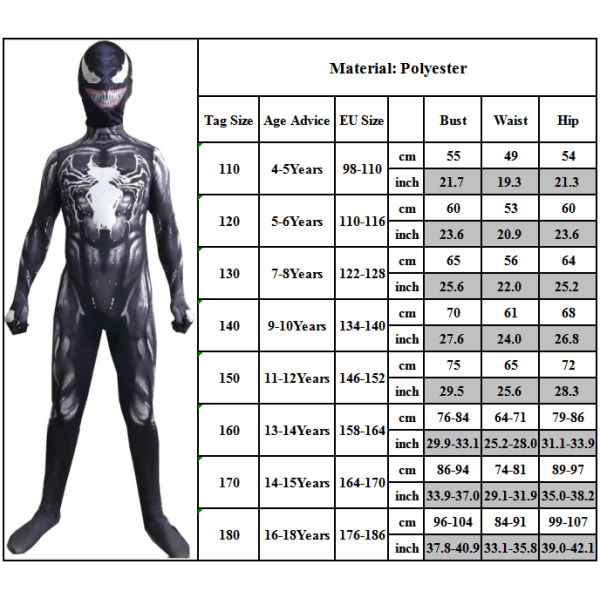 Bodysuit för barn Superhero Venom Costume Jumpsuit 16-18 Years