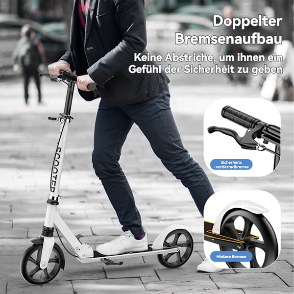 Hopfällbar sparkcykel för vuxna, justerbar höjd, med handbroms PU-hjul barnpresenter, vit