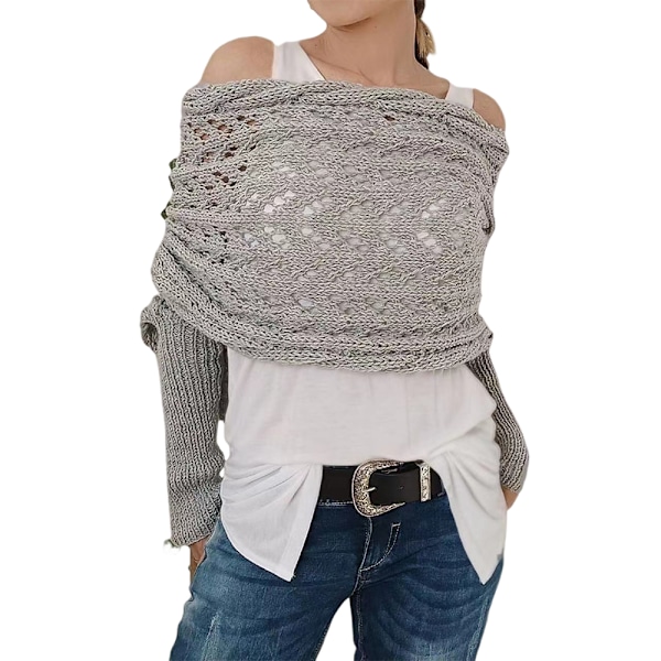 Stickad Kabelhålig Wrap Långärmad Kvinna Wrap Solid Tröja Halsduk Light Grey