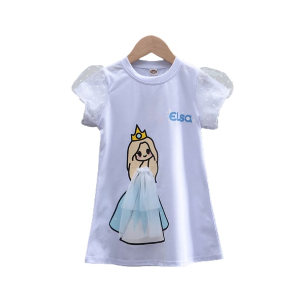 Sommar Mesh Puff Sleeve T-shirt Klänning Princess Printed Kids Girl Vit 5-6 år = EU 110-116